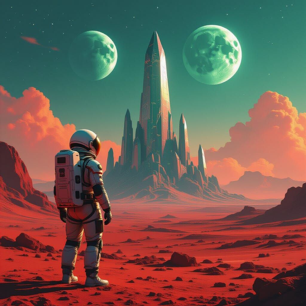 Astronaut on Alien Planet with Crystalline City