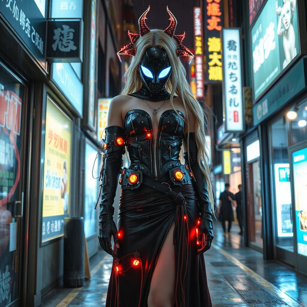 Cyberpunk Celestial Sorceress in Neo-Tokyo Alleyway