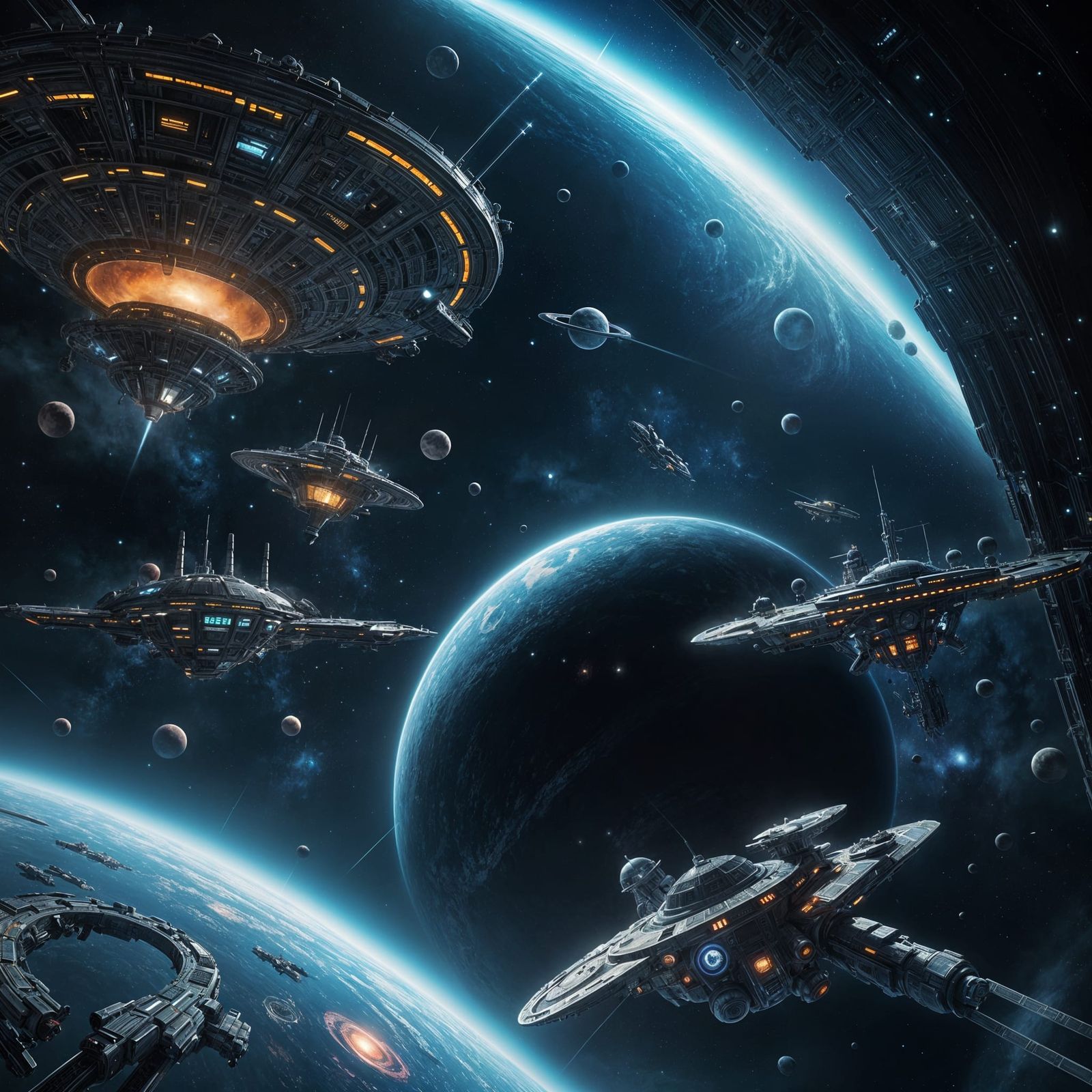 Spaceships Docking at Ring Station in Deep Space