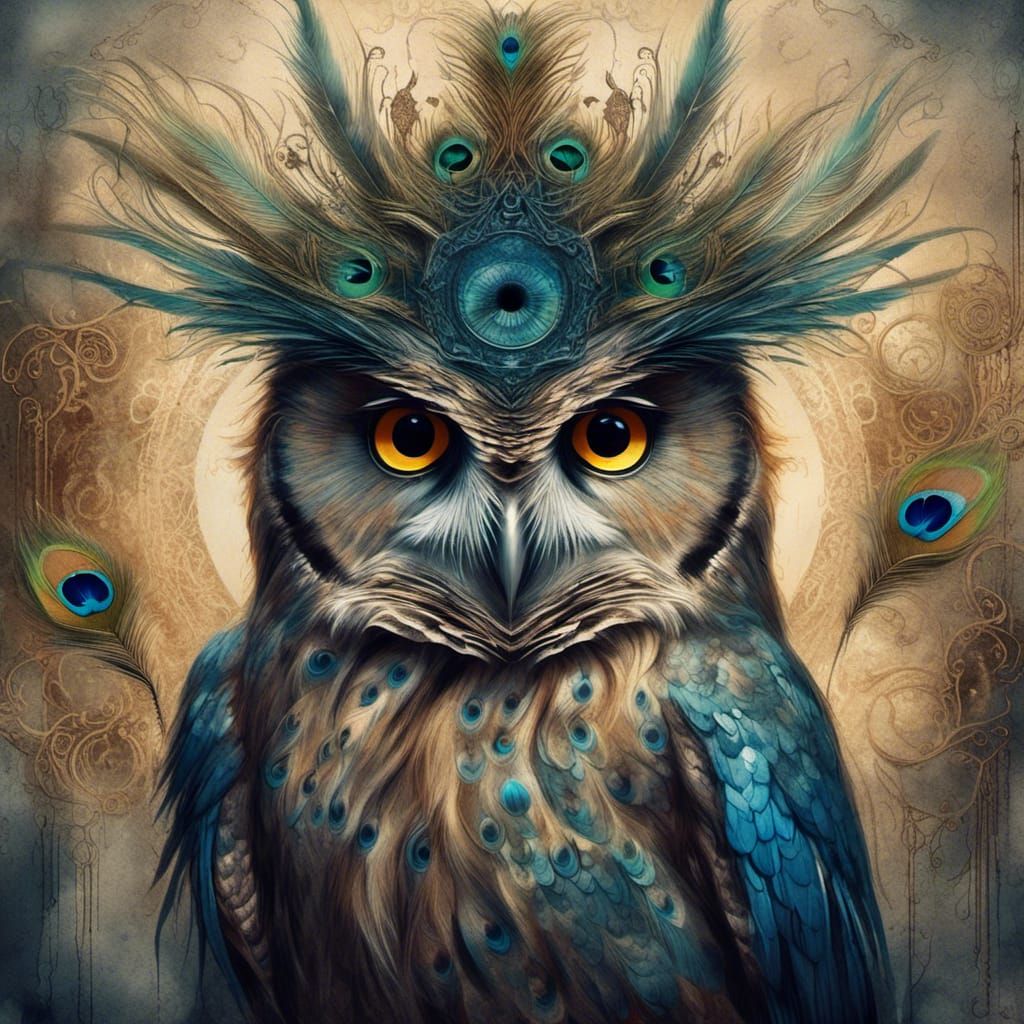 Close-up owl portrait with peacock feathers