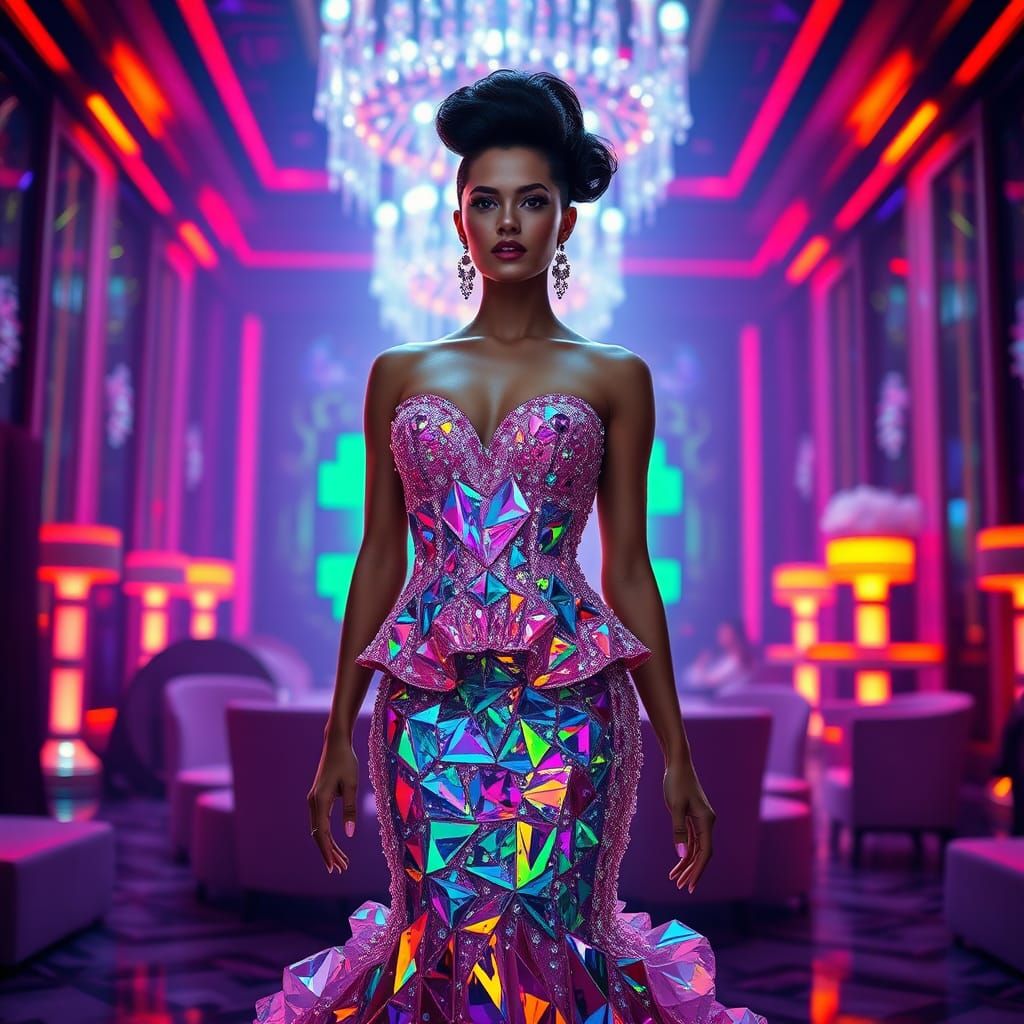 Crystal Dress in Neon Ballroom: A Digital Rendering