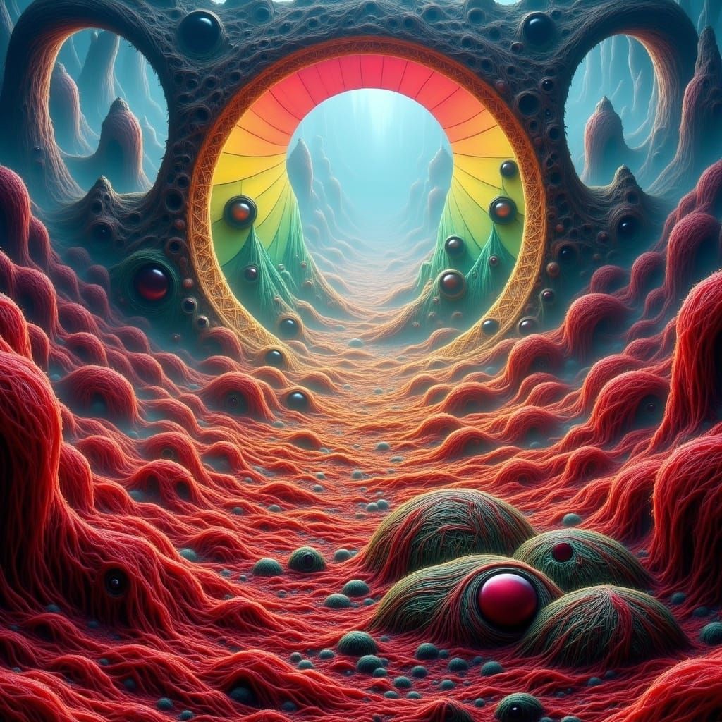 Alien Landscape of Geometric Shapes in Primary Colors