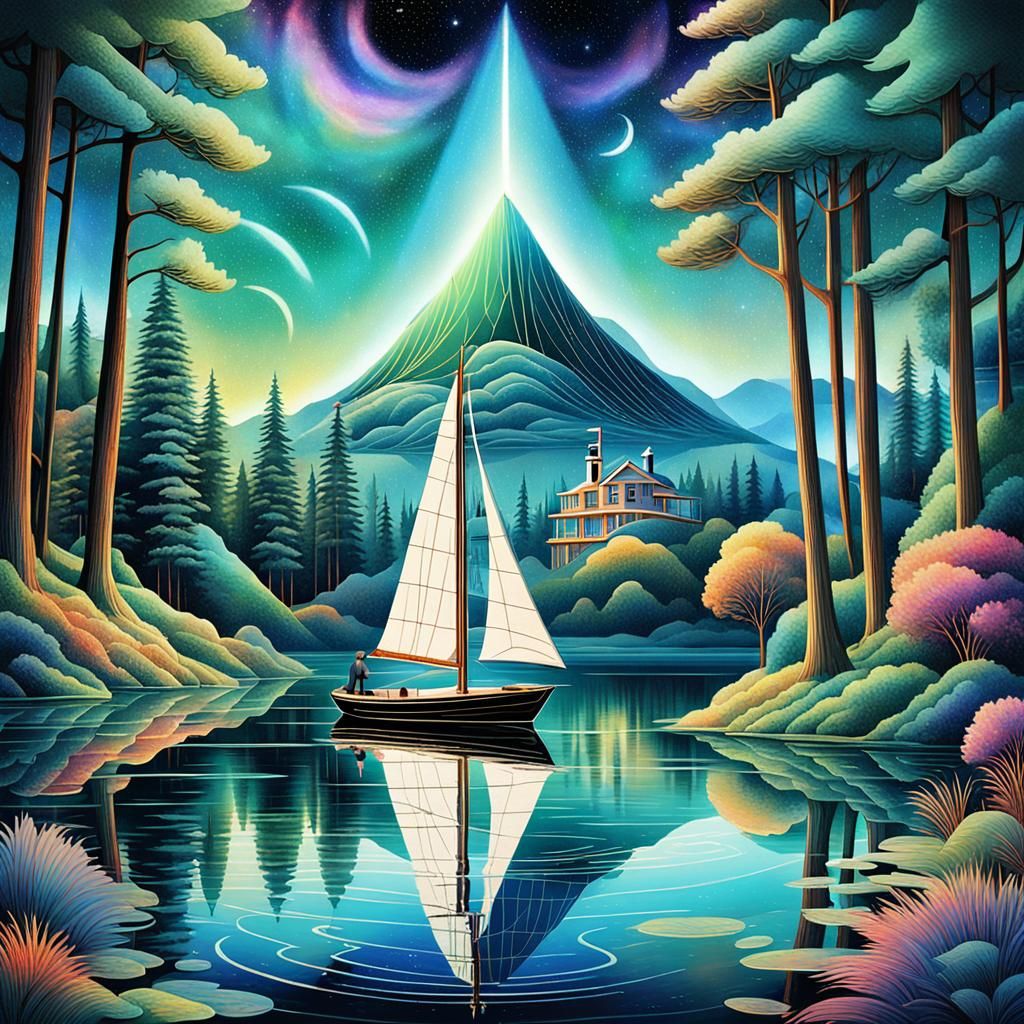 Art Deco Sailboat on Lake: Cosmic Illustration