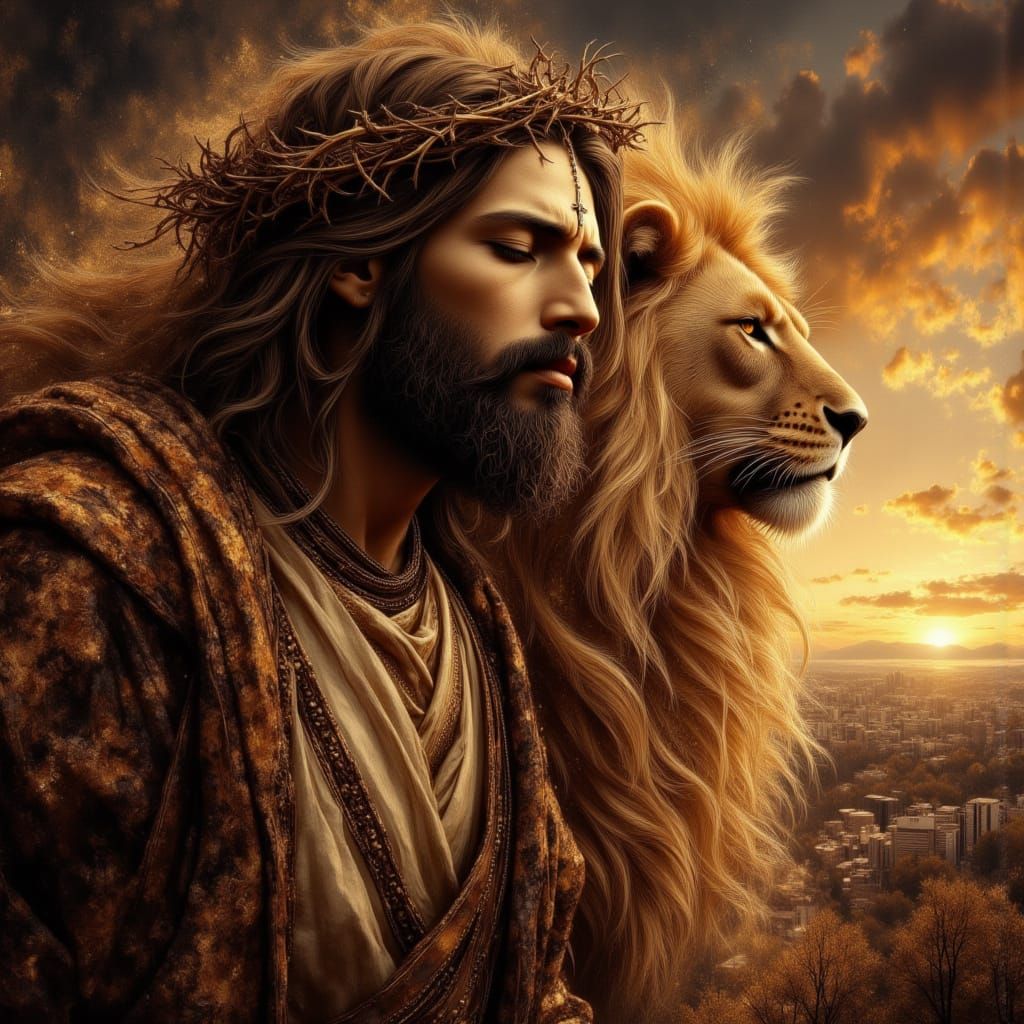 Jesus and Lion Symbolizing Sacrifice and Resilience