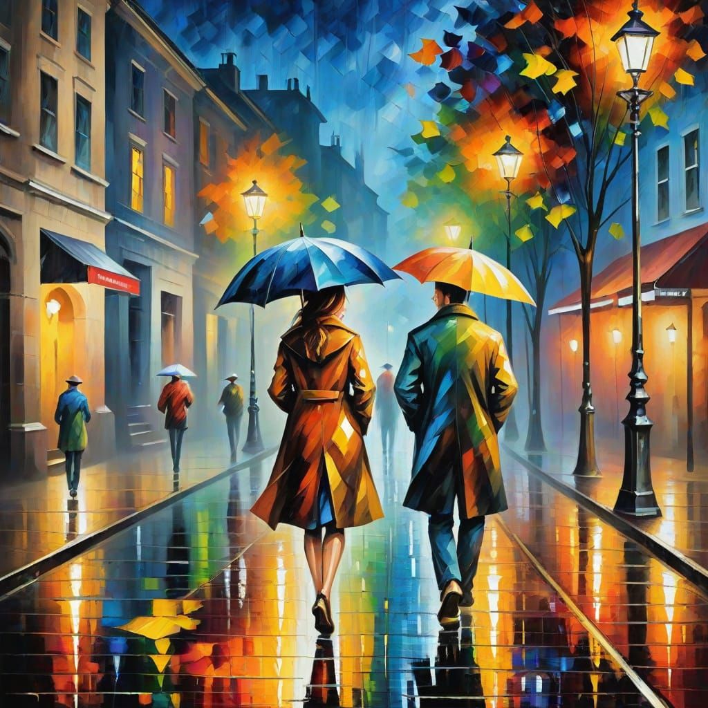 Vibrant Rainy Night Scene in Expressive Oil Painting Style