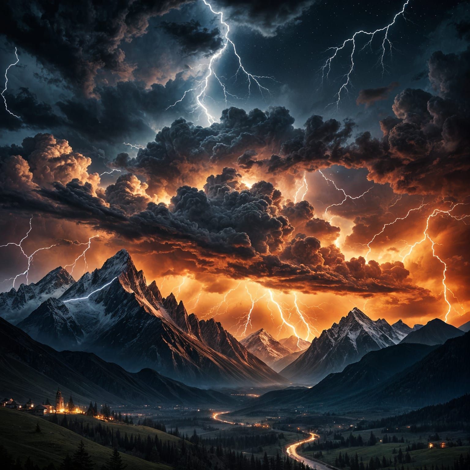 Stormy Mountain Landscape with Lightning and Stars