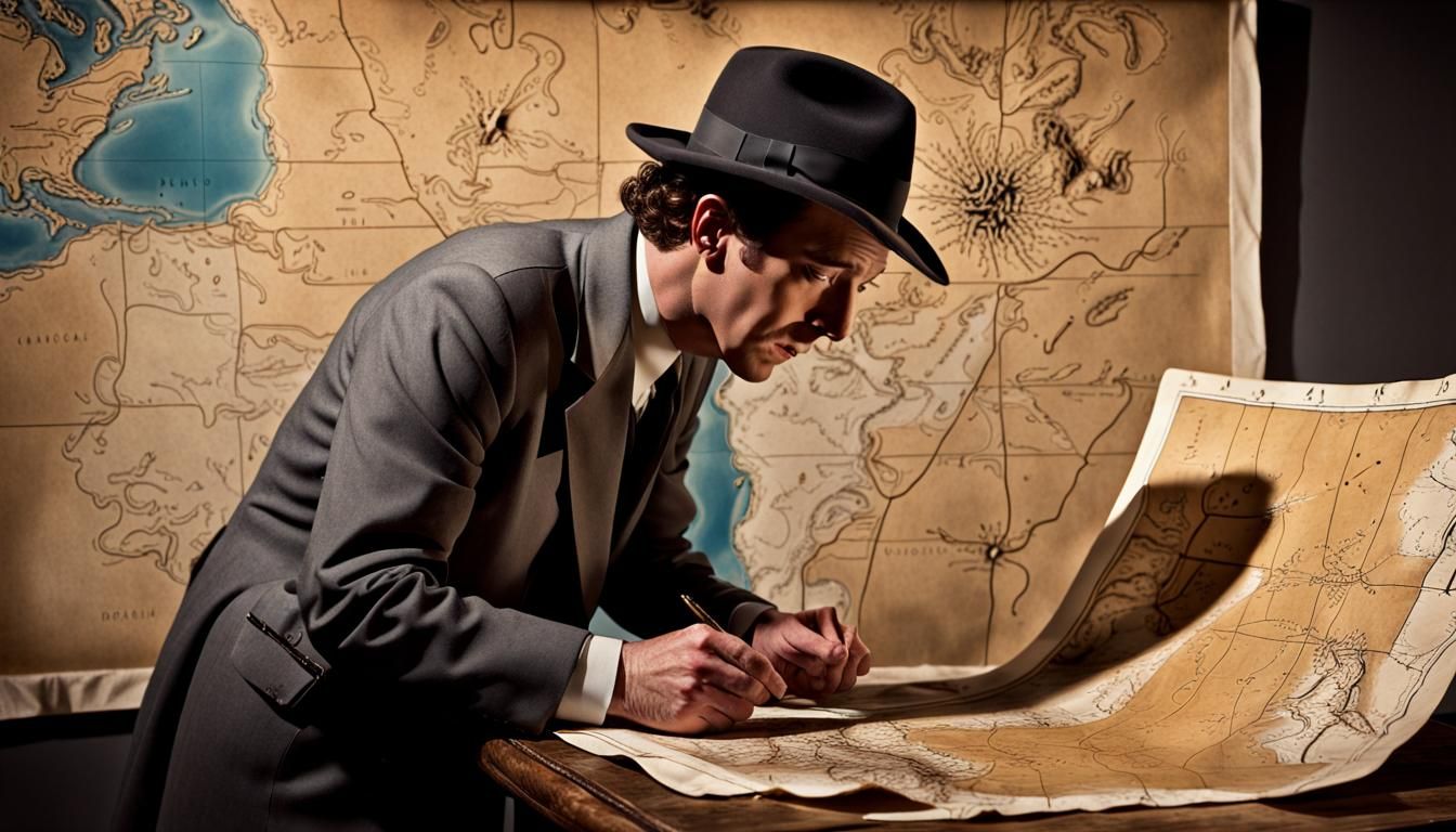 Philip Marlowe and Treasure Map in Film Noir Style