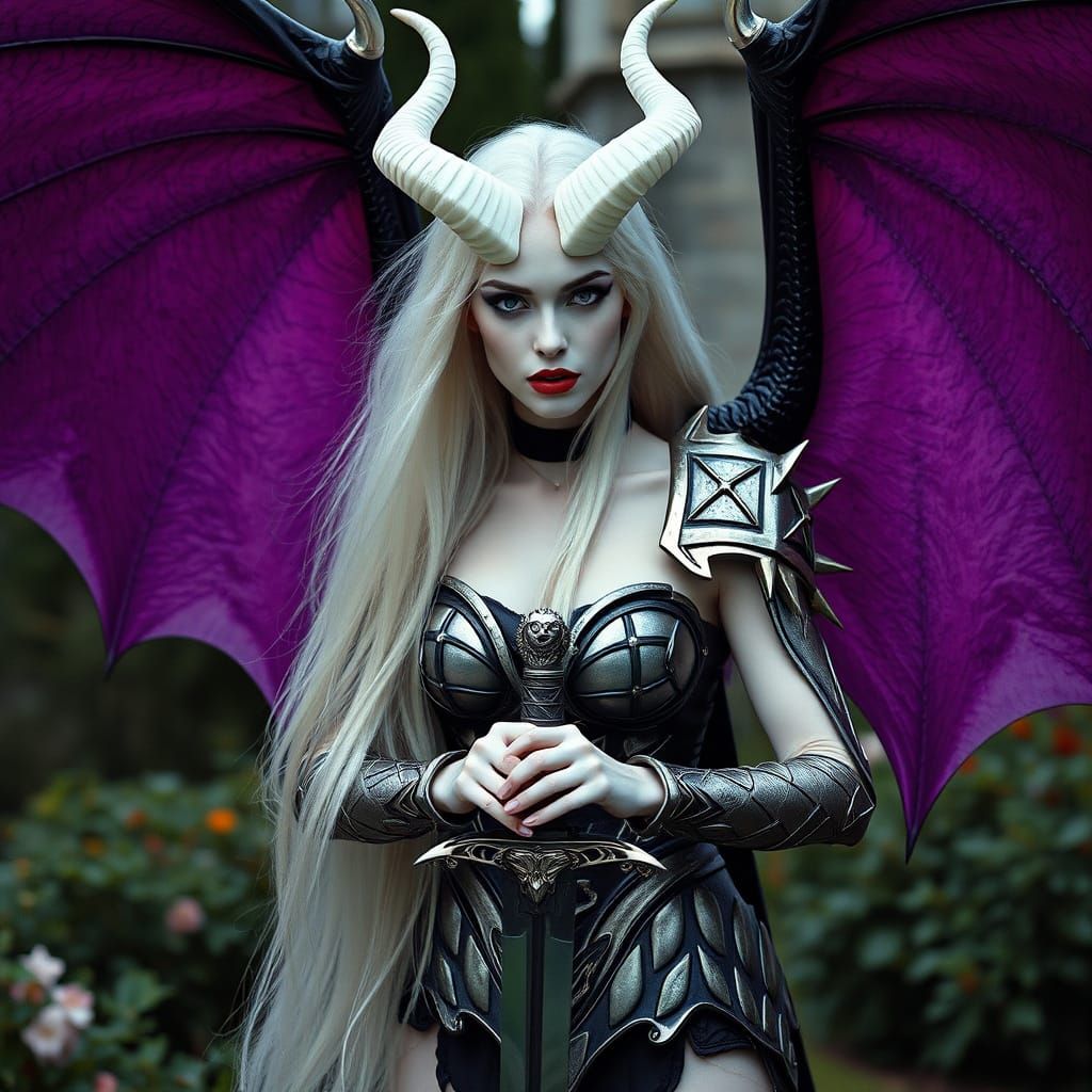 Dramatic Demon Woman in Mansion Garden