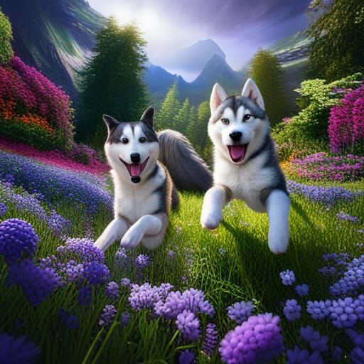 Playful Husky and Cat in a Fantastical Flower Garden