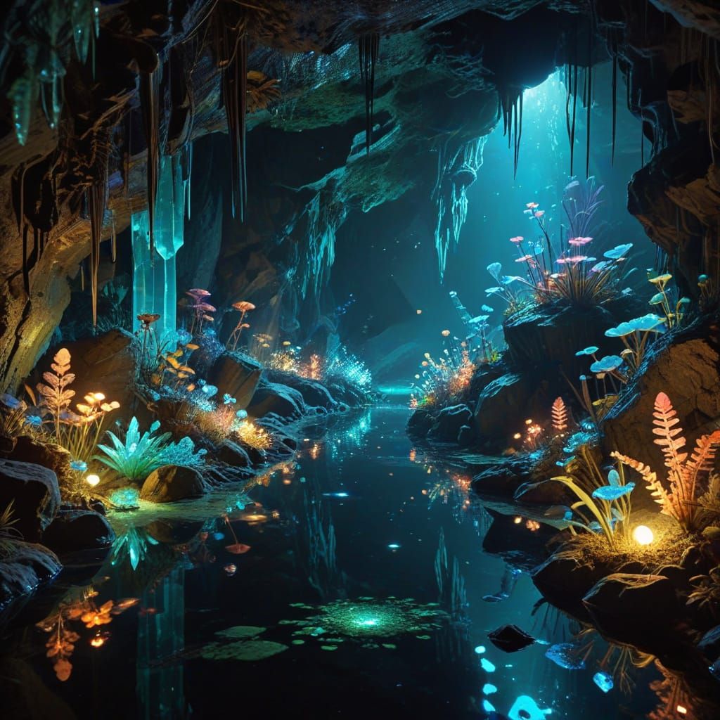 Subterranean Oasis with Radiant Crystals and Luminous Flora