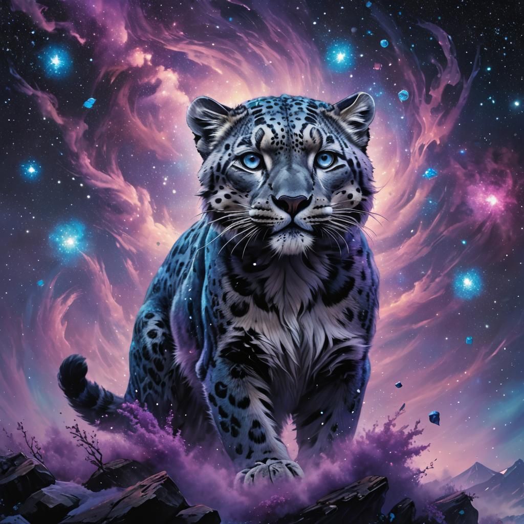 Cosmic Snow Leopard in Shimmering Nebula