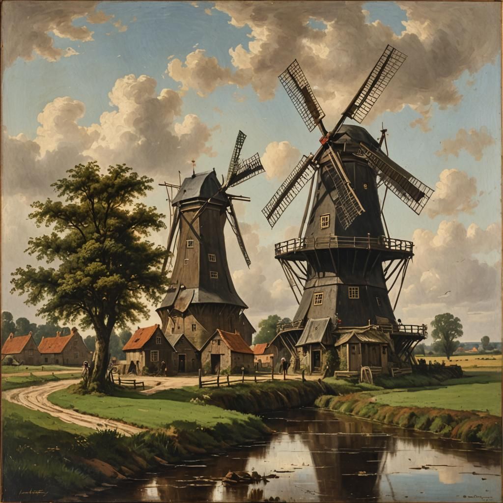Dutch Windmill in Oil Painting Style