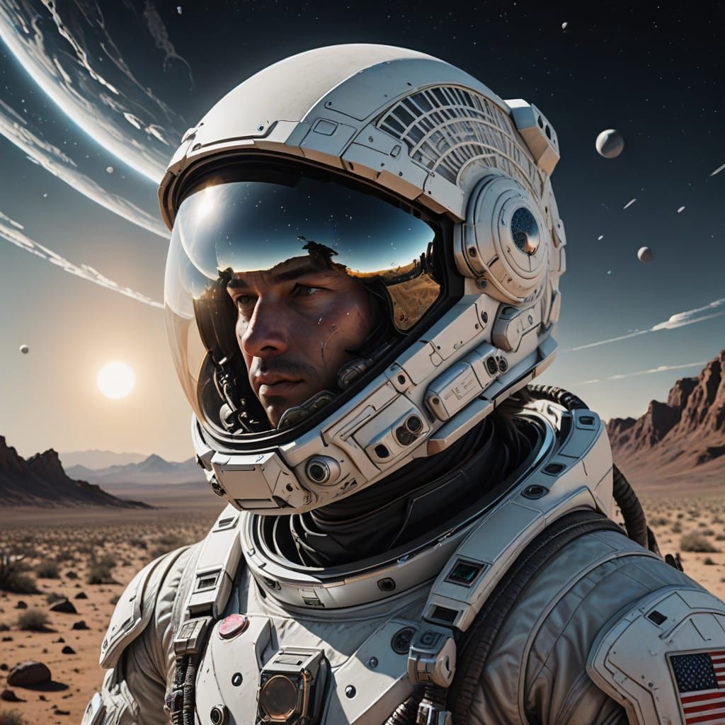 Astronaut's Visor Reflecting Alien Landscape