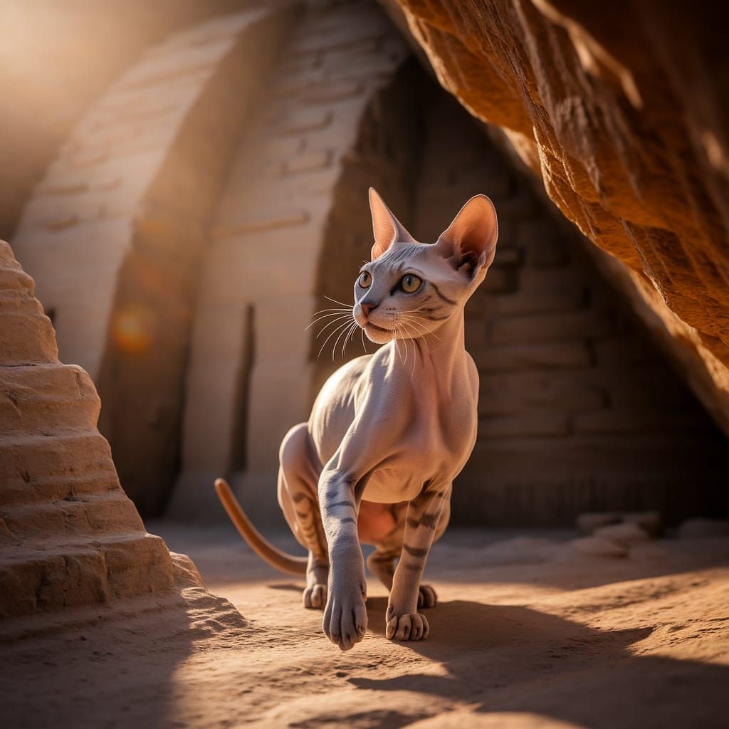 Striking Sphinx Cat Portrait in Ancient Pyramid
