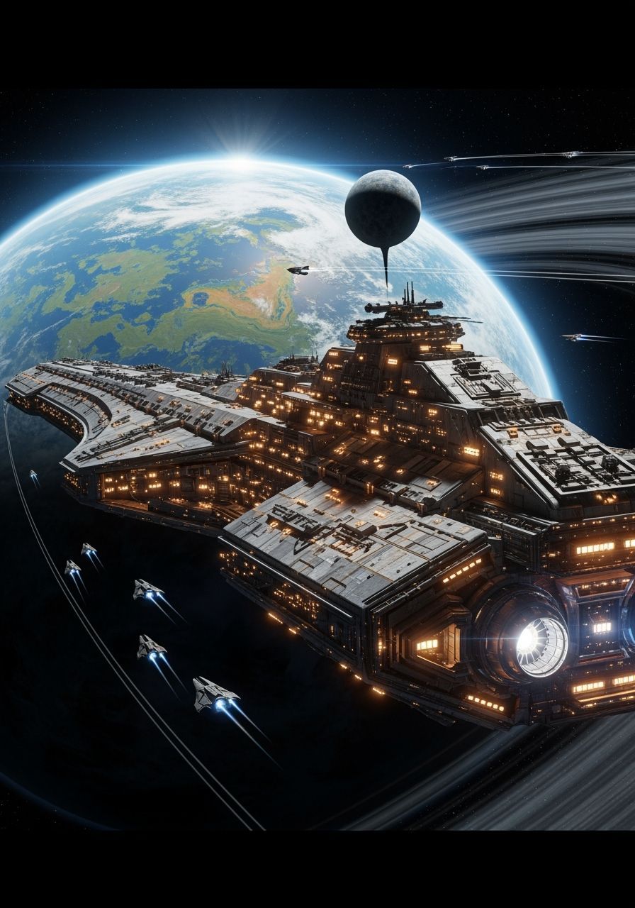 Colossal Starship Orbiting Ringed Planet in Deep Space