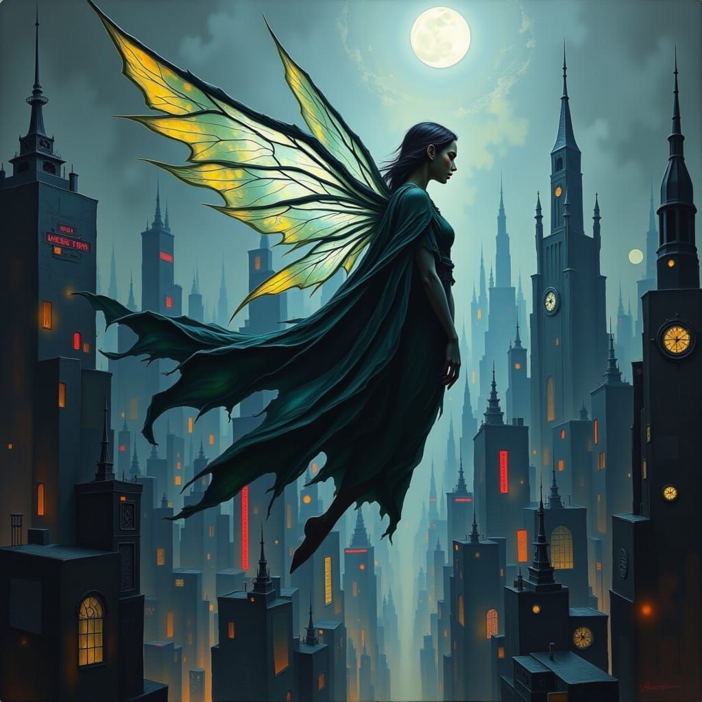 Fairy Over Dystopian City in Cyberpunk Style