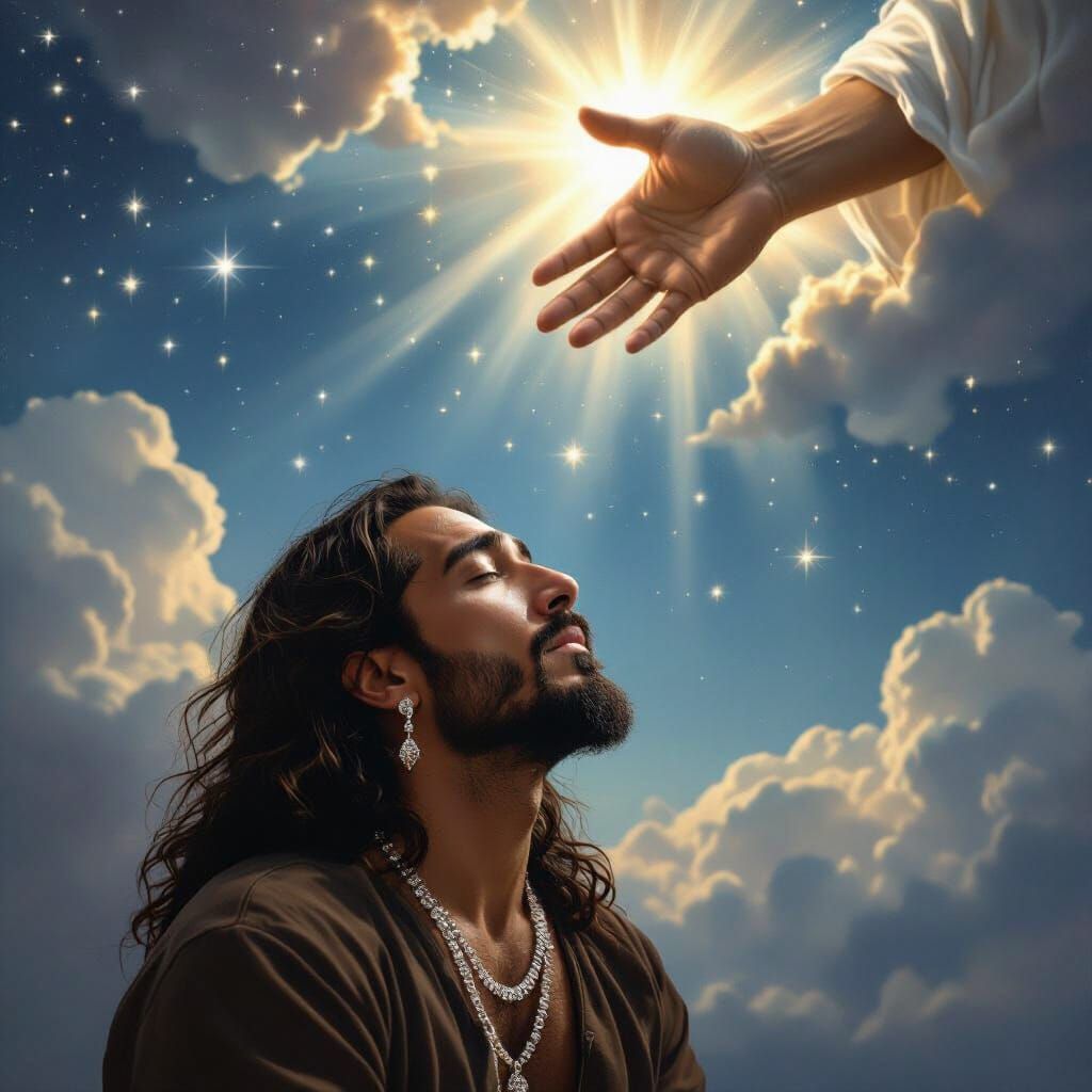 Latino Man Crying Under Starry Sky in Baroque Style