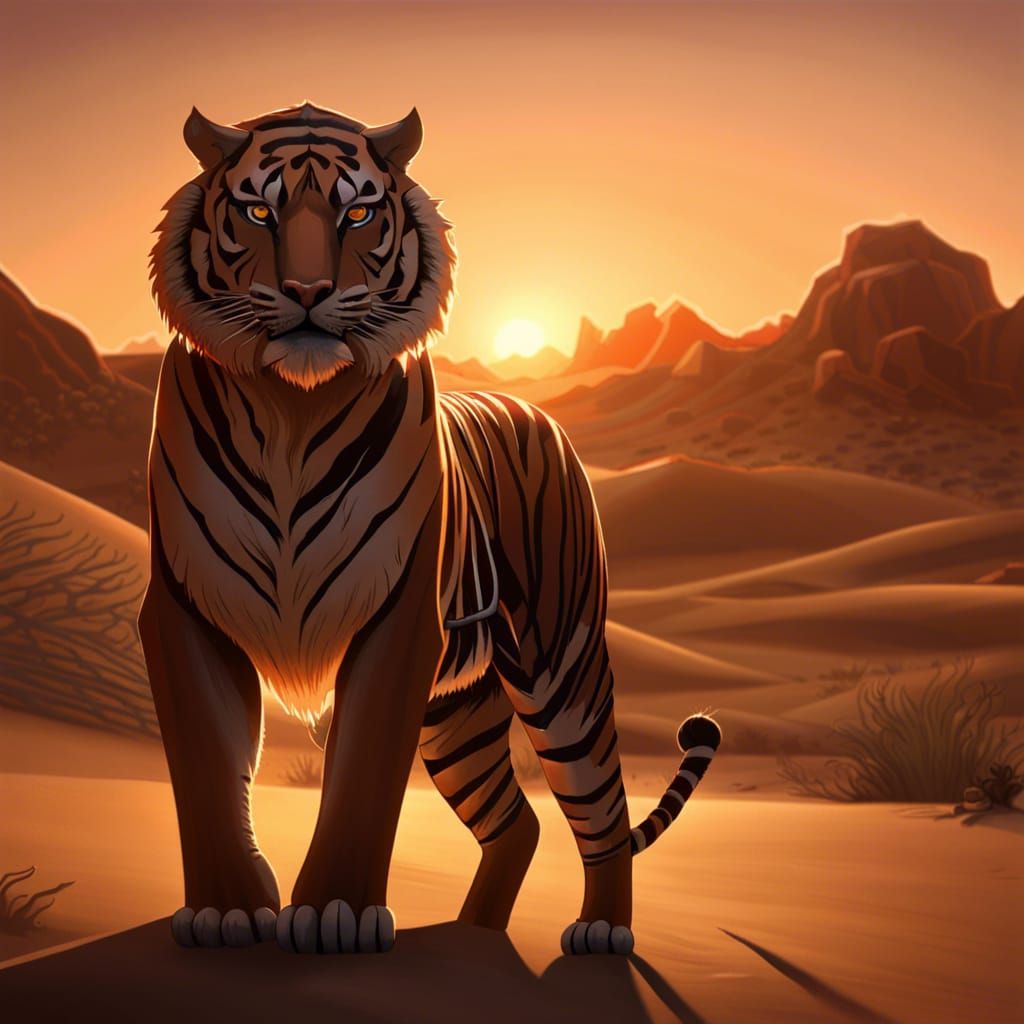 Tiger in Desert Sunset: Dark Fantasy Concept Art