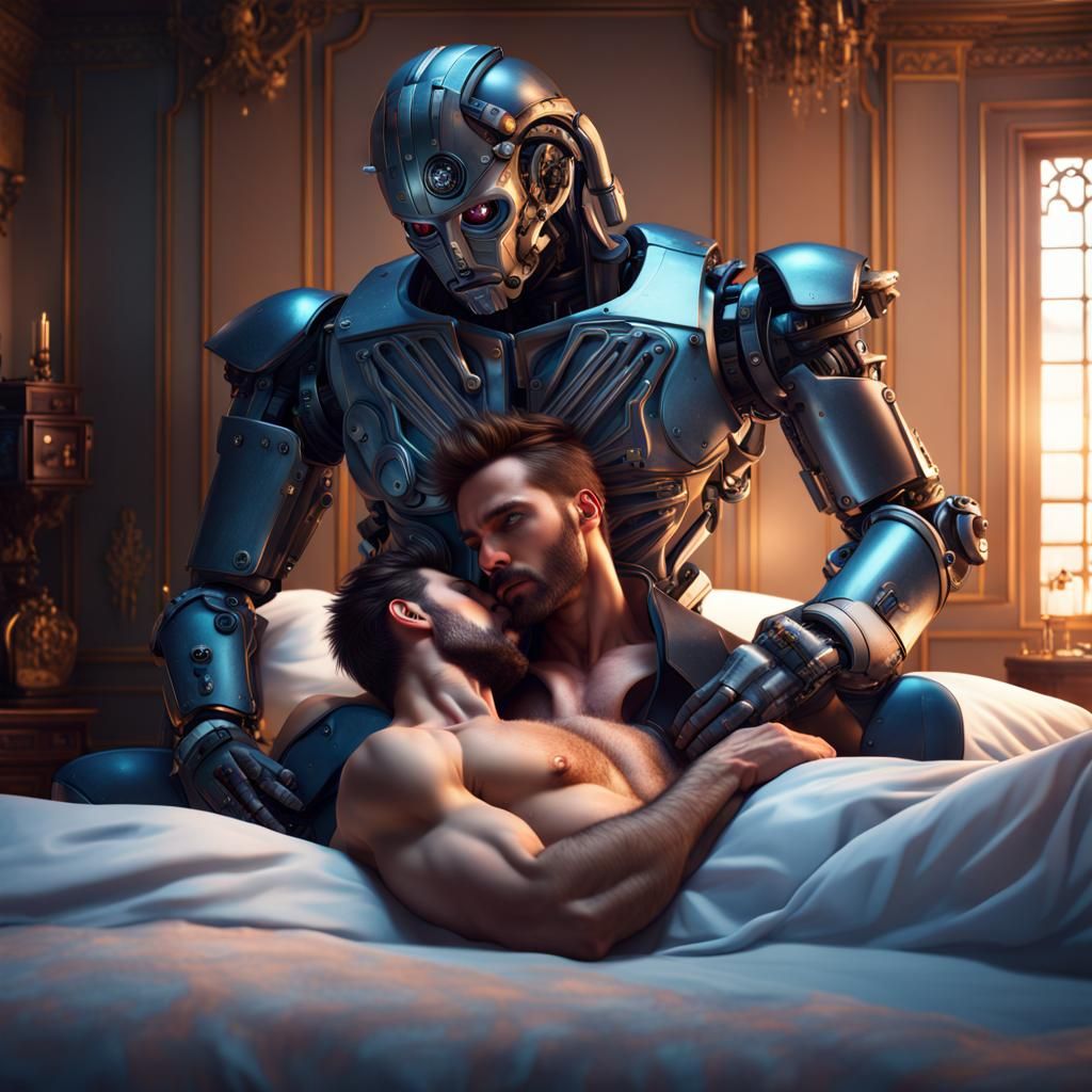 Man Kisses Robot Butler: Detailed Fantasy Art