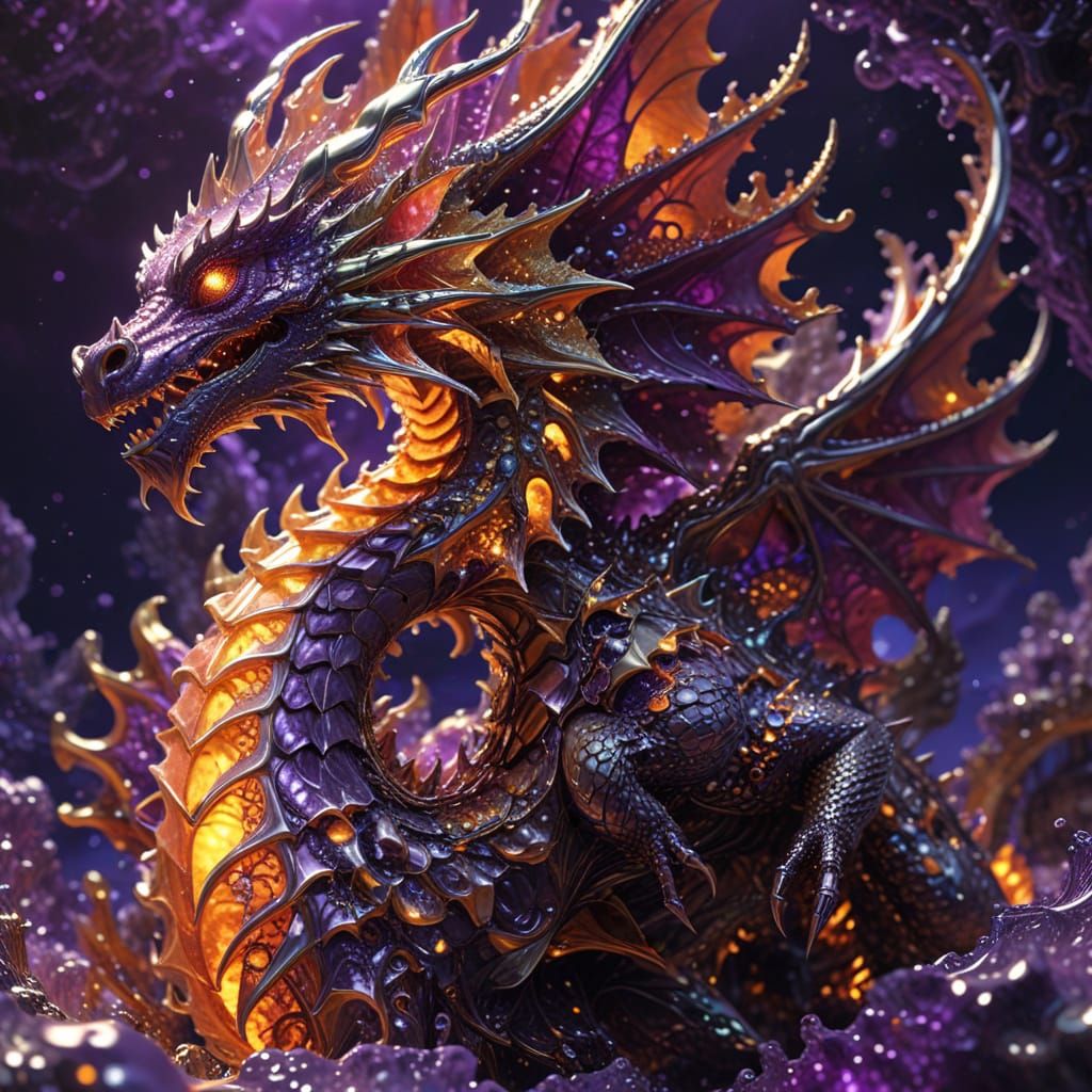 Chrome Dragon Soaring Over Fractal Ocean