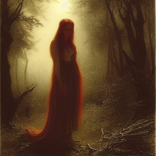 Auburn Haired Witch in Dark Woodland