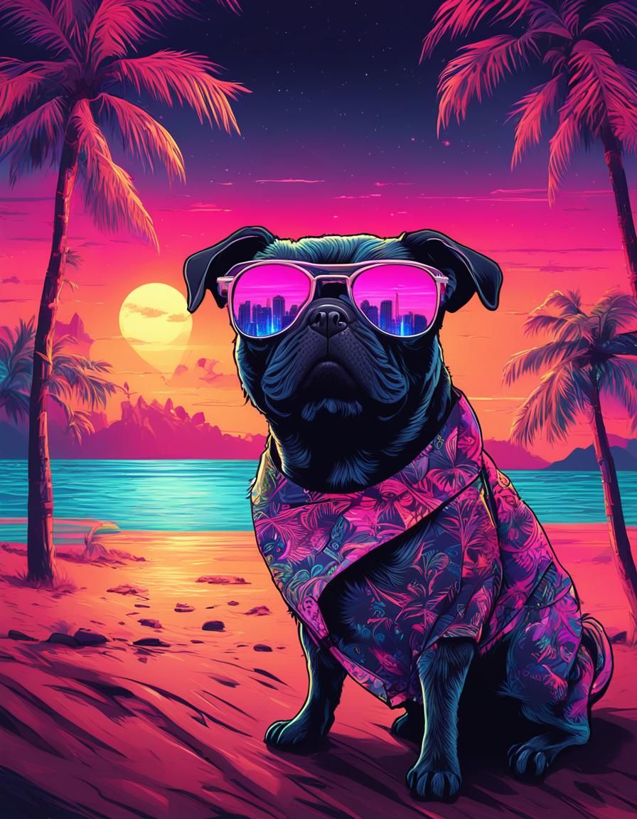 Cyberpunk Pug Shines on Neon Beach