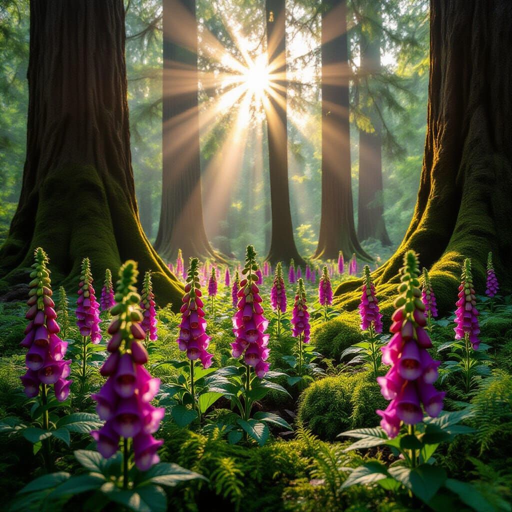 Sparkling Foxglove Flowers in Sunlit Forest