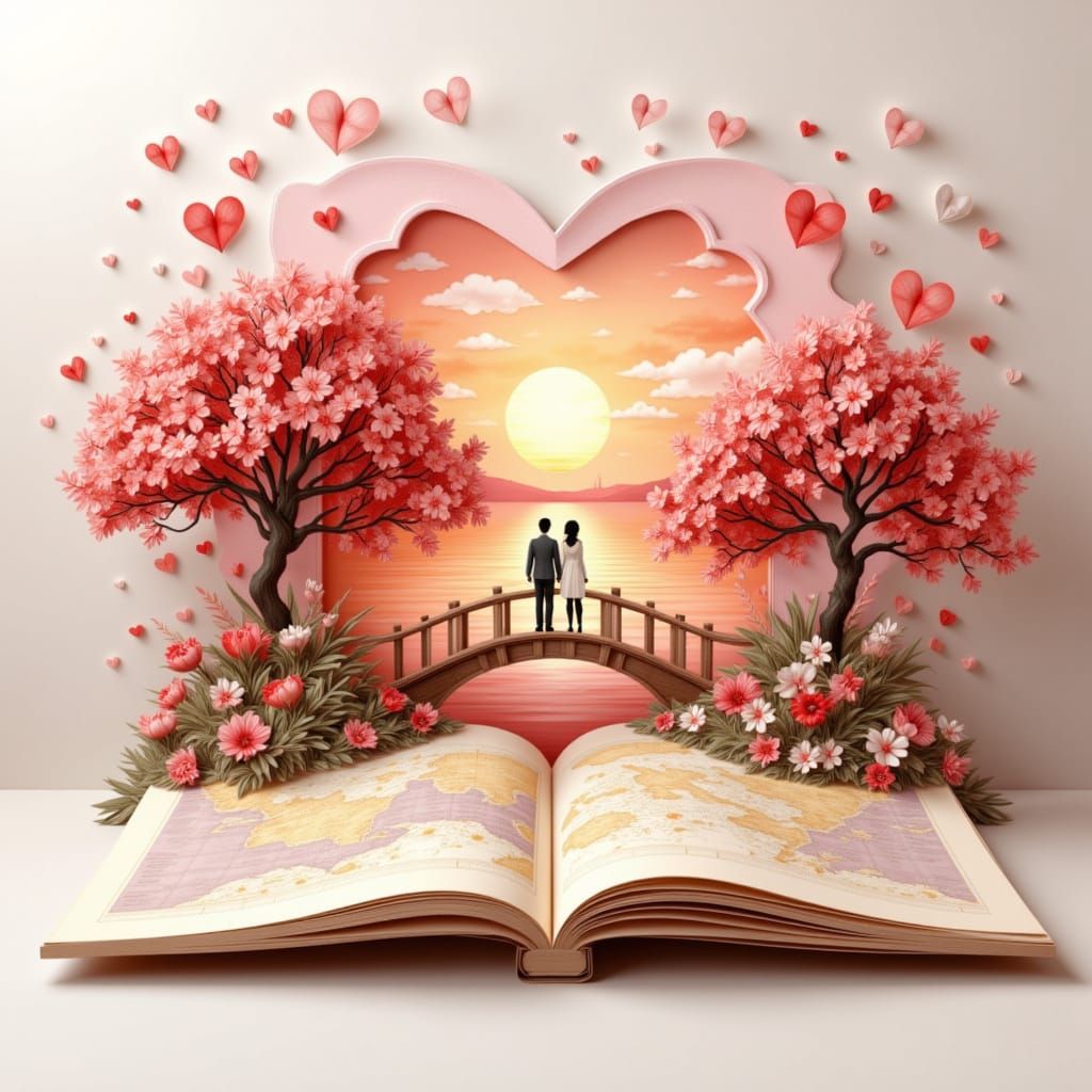 3D Valentine's Day Card with Romantic Landscape