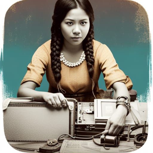 Indigenous Woman Building Computer in Sepia Tone
