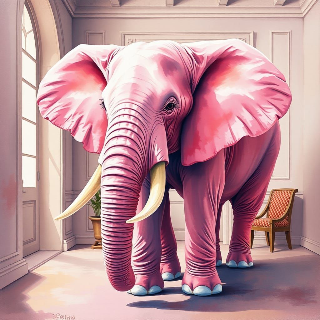 Pink Elephant in Gouache Style Masterpiece