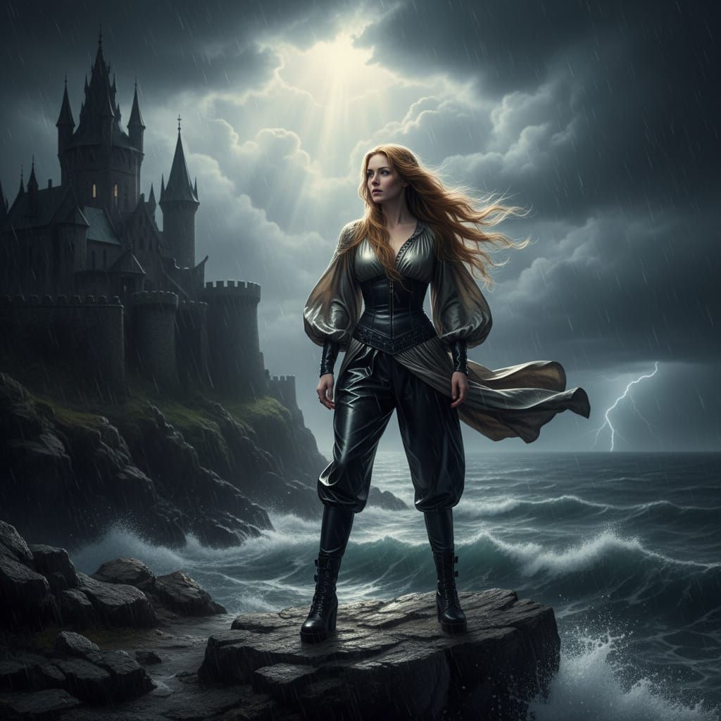 Woman in Gothic Attire on Cliff Overlooking Stormy Seas