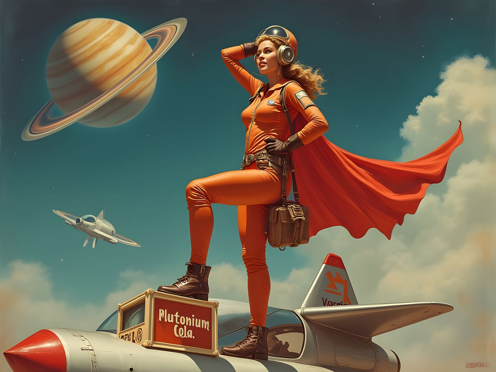 Retro Space Pilot Poses Atop Silver Rocket