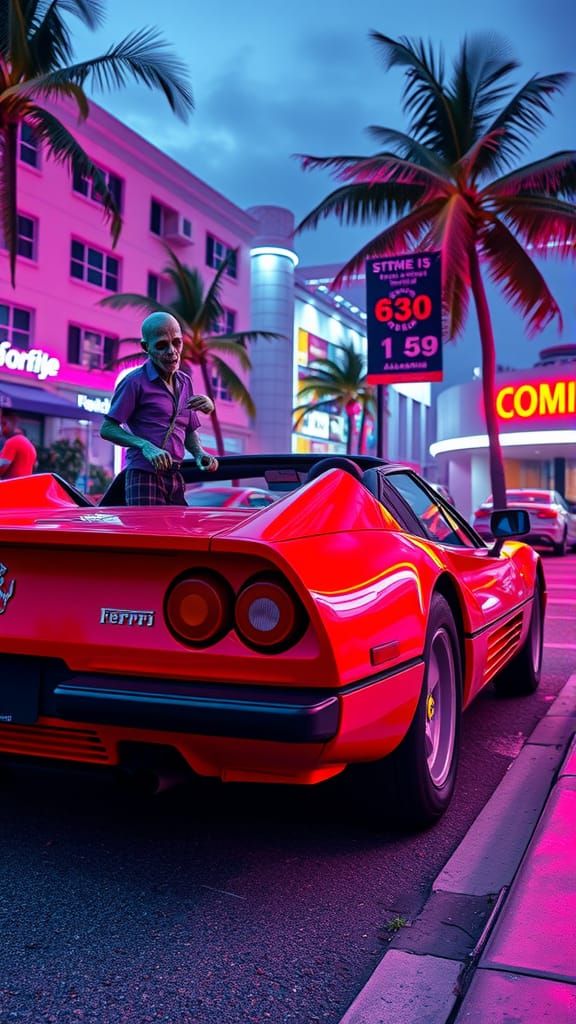 Synthwave Zombies in Miami with Ferrari