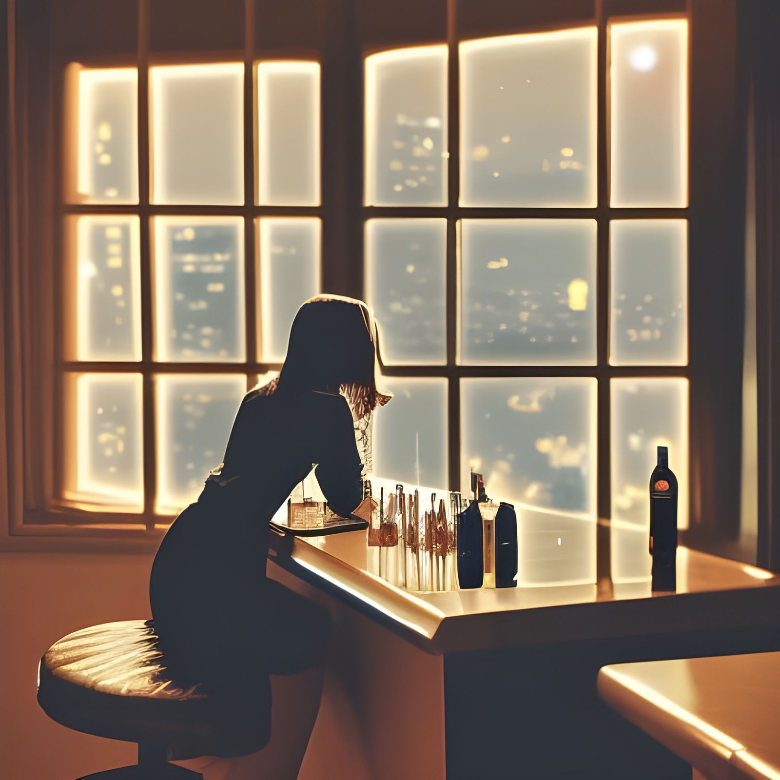 Woman Smoking at Bar with City View