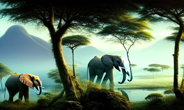 Elephants in Jungle Landscape with Volumetric Lighting