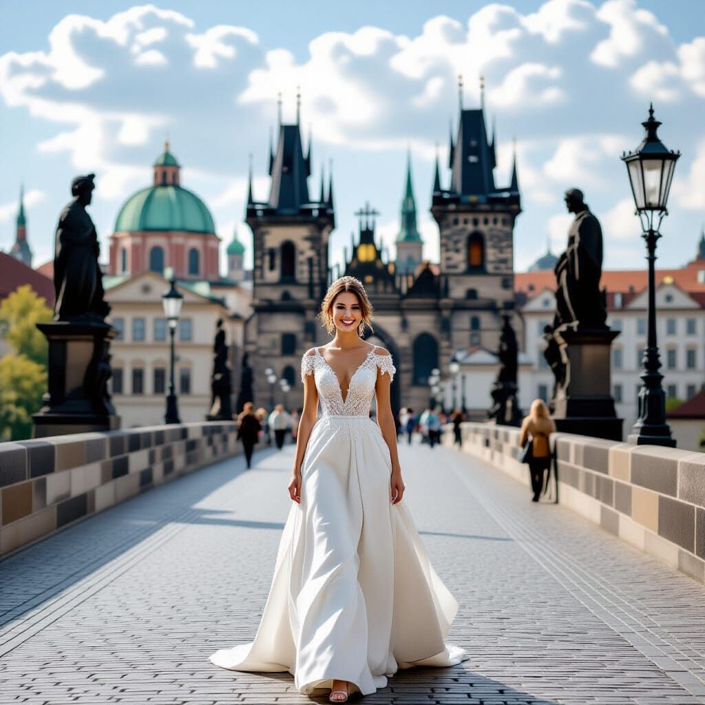 Woman Smiles on Charles Bridge in Prague: Professional Photo...