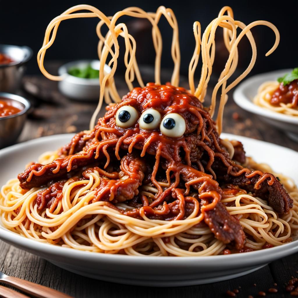 Hyperrealistic Flying Spaghetti Monster in Meat Sauce