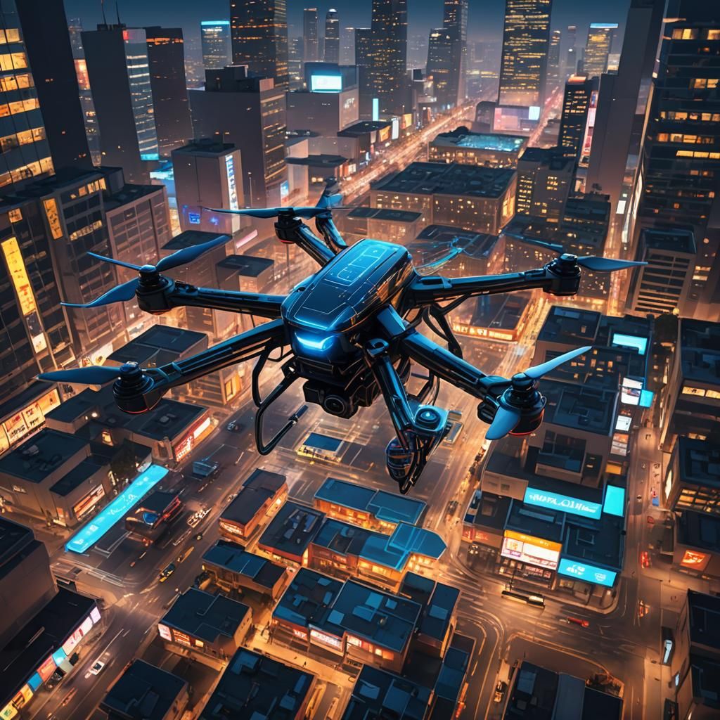 Large Electric Drone Over Los Angeles in Cyberpunk Style