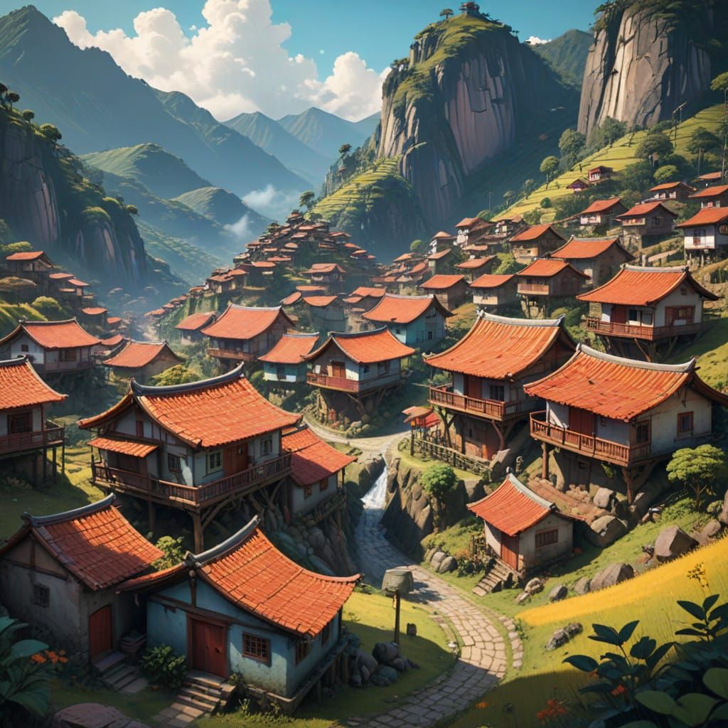Colombian Village in Whimsical Anime-Inspired Digital Art