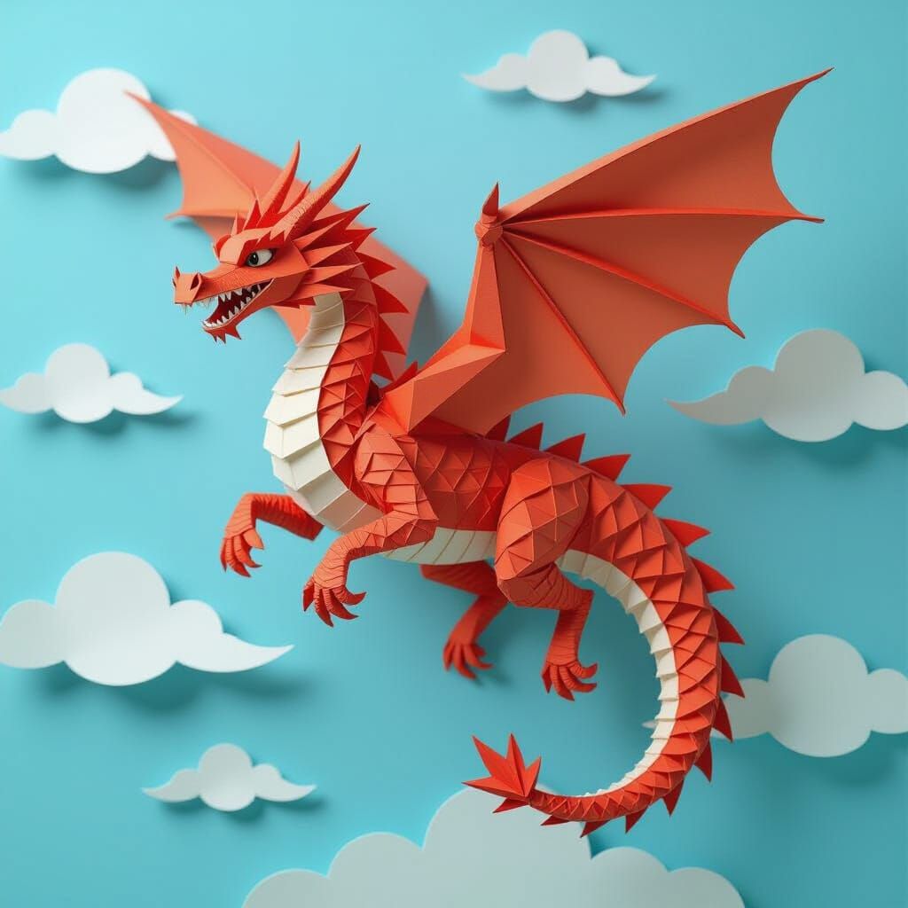 Origami Dragon Soars Through Paper Sky