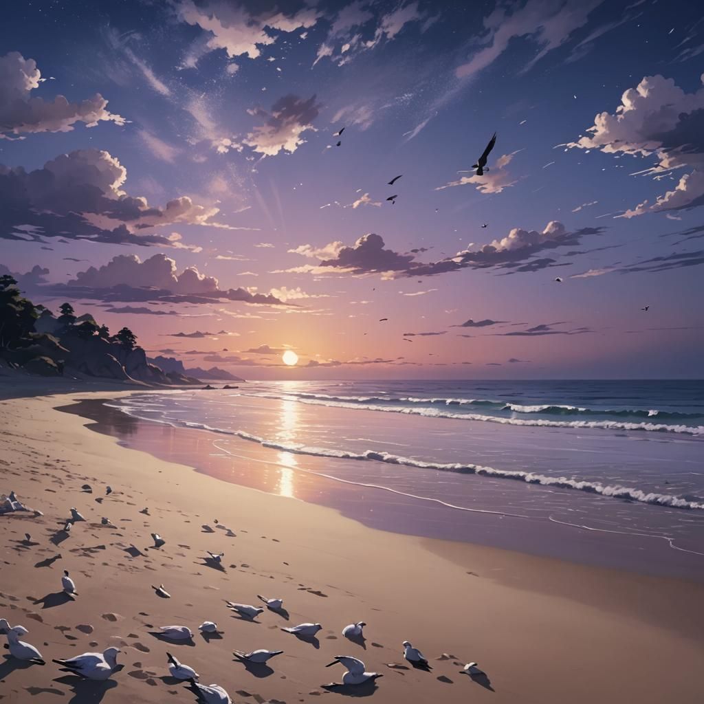 Anime Sunset Over Serene Landscape with Seagulls