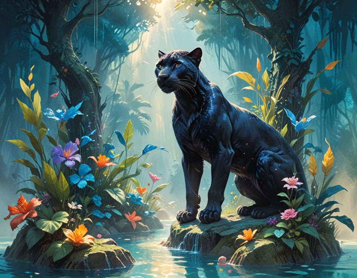 Panther at Jungle Pool: Neo-Impressionist Oil Painting