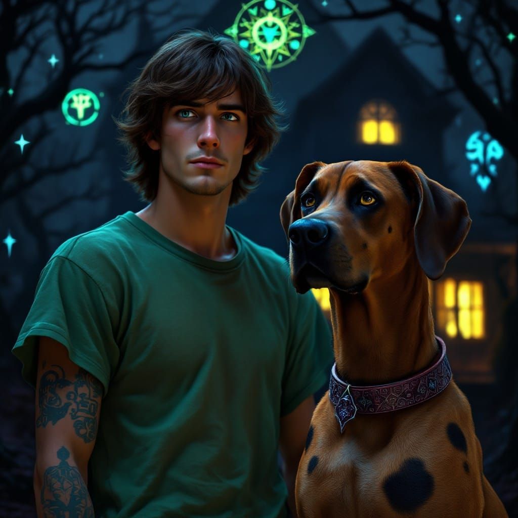 Chiseled Shaggy Hero Stands Beside Loyal Brown Great Dane in...