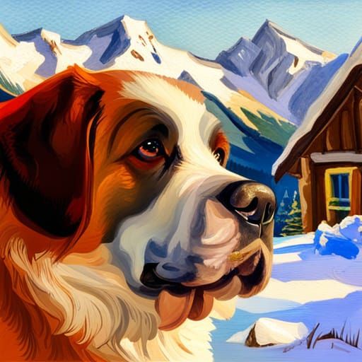 Saint Bernard Dog in Alps: Gouache Watercolor Painting