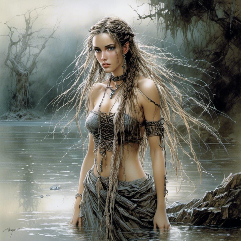 Luis Royo Style Woman with Braids Near Water
