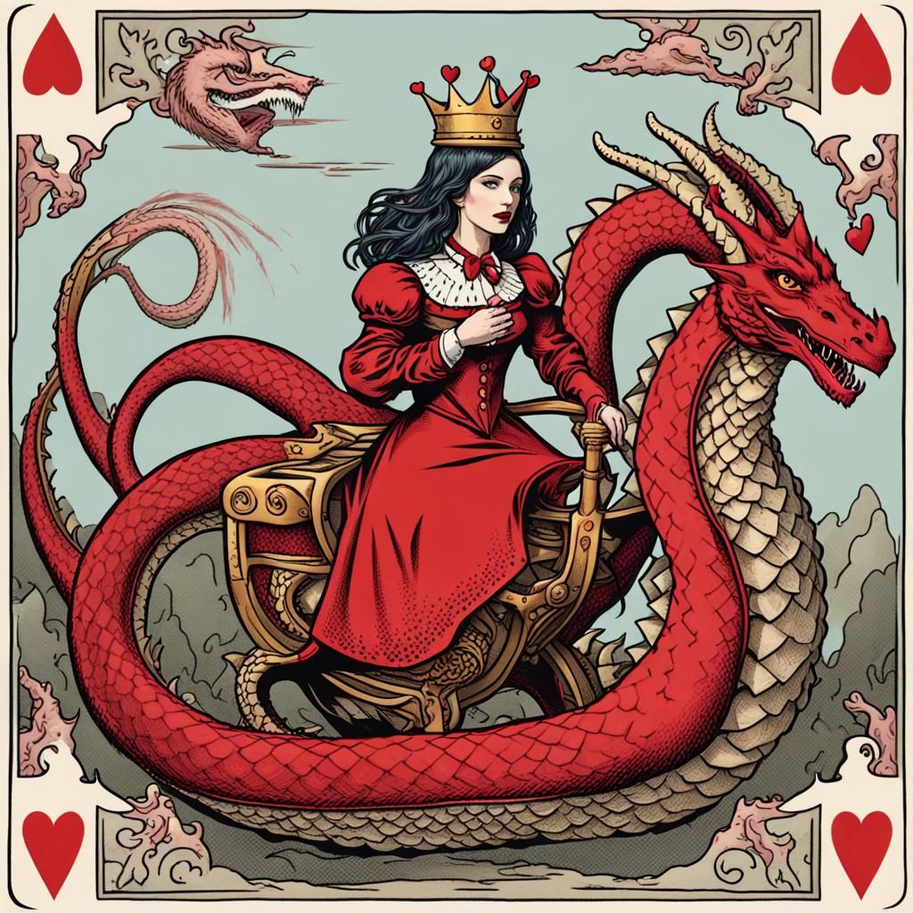 Queen of Hearts Card Riding a Dragon