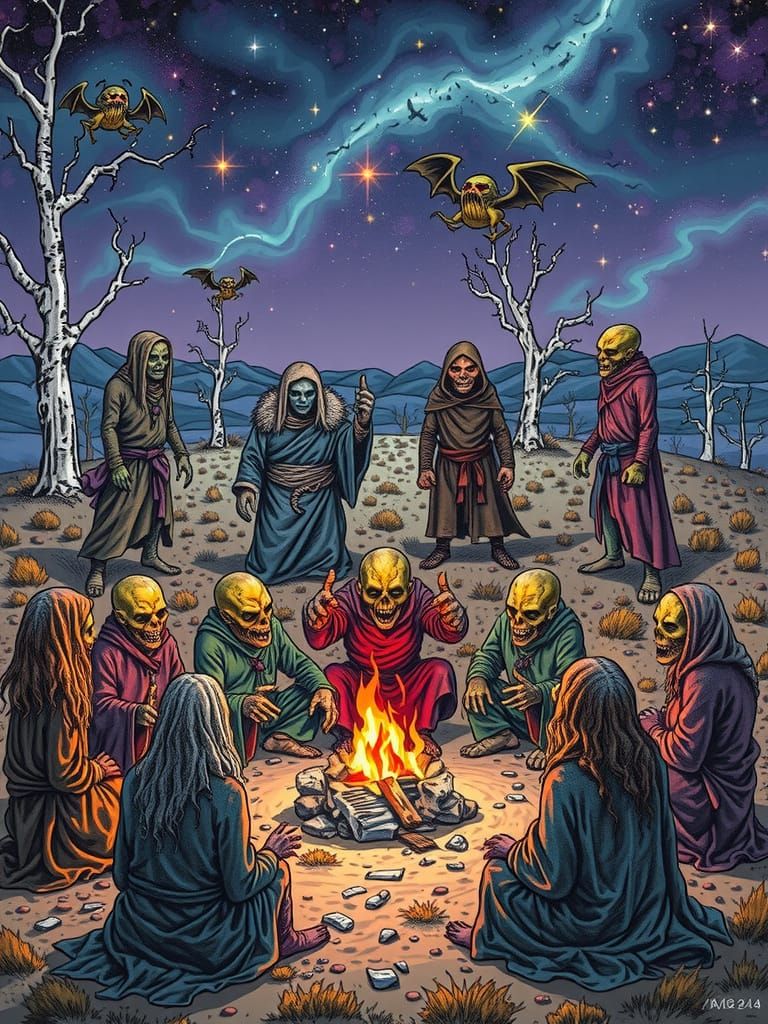 Mutants Gather by Bonfire Under Starry Sky