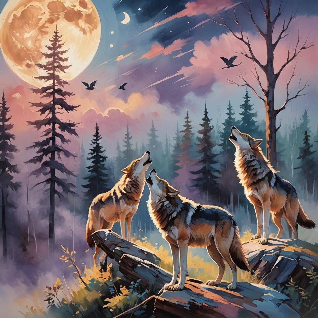 Wildlife Serenity: Wolves Howling Under Moon, Fauvist Style