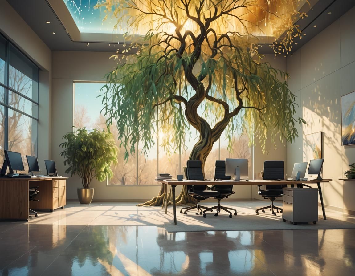 Celestial Weeping Willow Illuminates Minimalist Office