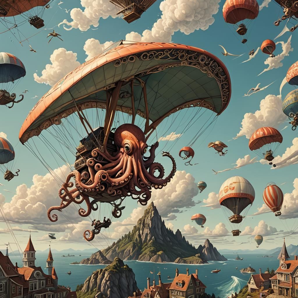 Octopus Hang Gliding in Surreal Style